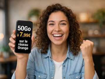 Personne tenant un smartphone affichant un forfait 50Go à 7,99€ sur le réseau Orange.