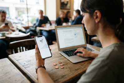 Un smartphone et quatre pièces de 1 centime sur une table, avec un ordinateur en arrière-plan.
