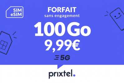 Forfait mobile Prixtel 100 Go en 5G sans engagement à 9,99 euros par mois.