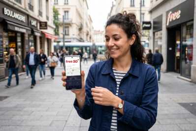 Logo Free et sigle 5G+ avec une personne tenant un smartphone affichant le signal 5G+.