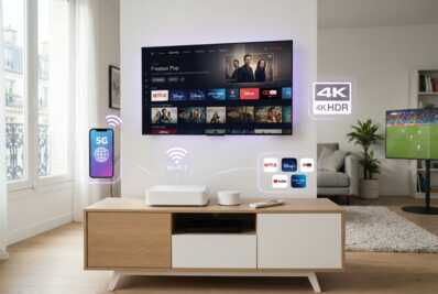Freebox Pop sur un meuble TV entourée d'icônes illustrant la 5G, le Wi-Fi 7, la 4K et le streaming.
