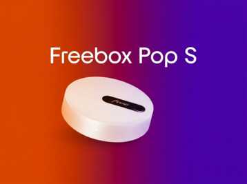 Boîtier Freebox Pop S sur fond dégradé orange et violet.