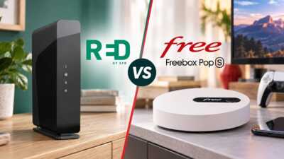 Deux box internet, RED et Freebox Pop, posées sur un meuble dans un intérieur lumineux.
