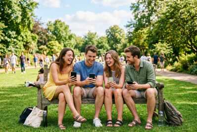 Quatre personnes souriantes utilisent leurs smartphones dans un parc en été.
