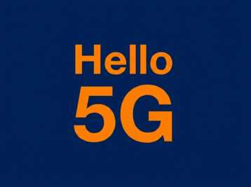 Texte orange Hello 5G sur fond bleu.