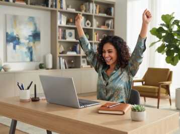 Un homme assis à un bureau dans un espace de travail moderne, les bras levés en signe de victoire devant un ordinateur.