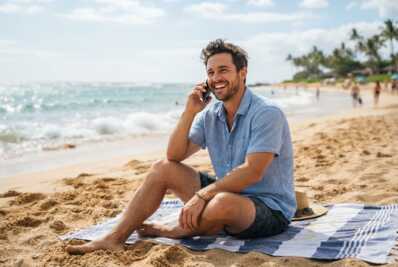 Homme souriant tenant un smartphone à l'oreille, assis sur une plage.