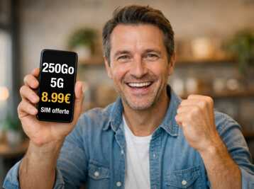 Homme présentant un smartphone affichant un forfait mobile 250Go 5G à 8,99€ avec carte SIM offerte.