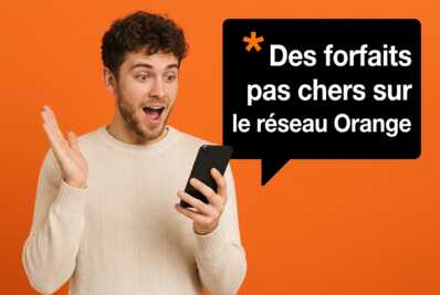 Homme tenant un smartphone devant un fond orange avec une bulle indiquant des forfaits pas chers sur le réseau Orange.