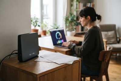 Routeur Wi-Fi, documents administratifs et personne consultant un test de débit sur ordinateur dans un appartement.