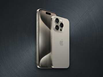 Deux smartphones iPhone 15 Pro sur un fond gris avec des motifs de circuits imprimés.