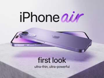 Deux smartphones iPhone Air violets superposés sur un socle en béton.