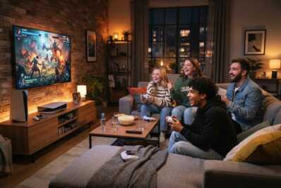 Des jeunes jouent à un jeu vidéo sur une console dans un salon.
