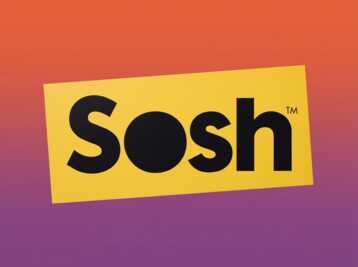 Logo Sosh noir sur rectangle jaune, sur fond dégradé de #e96443 vers #904e95.