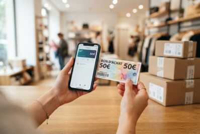 Une main tient un smartphone 5G et un bon d'achat de 50 euros devant des colis.