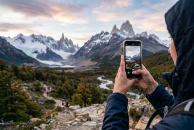 Main tenant un téléphone devant le mont Fitz Roy en Patagonie.
