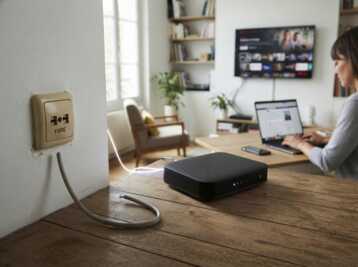 Modem noir sans logo relié à une prise fibre murale sur une table en bois, avec une personne travaillant en arrière-plan.