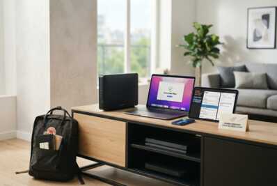 Box fibre, appareils connectés et fournitures scolaires sur un meuble TV avec une étiquette de promotion et une enveloppe.