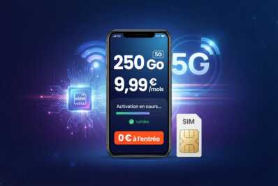 Smartphone affichant 5G, 250 Go, 9,99 euros par mois, carte SIM et eSIM avec badge 0 euro à l'entrée.
