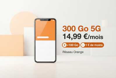 Smartphone affichant 300 Go 5G à 14,99 €/mois avec offre promotionnelle et mention réseau Orange sur fond clair.