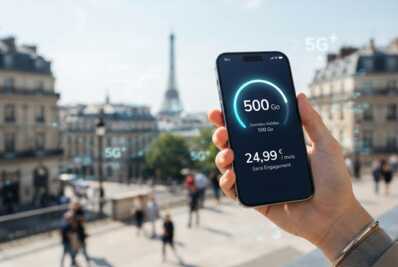 Smartphone affichant une connexion 5G, un compteur de 500 Go et le tarif de 24,99 euros par mois.