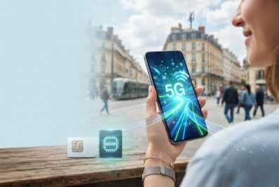 Smartphone affichant une interface de données 5G avec carte SIM et eSIM dans un environnement urbain.
