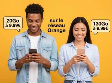 Deux personnes utilisent leur smartphone avec des offres mobiles 20Go et 130Go à 9,99€ sur le réseau Orange.