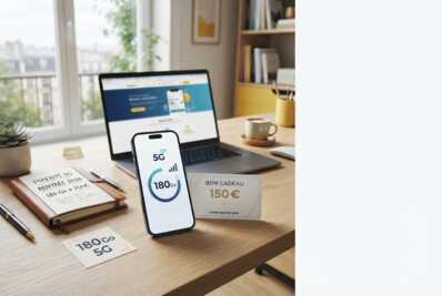 Smartphone avec interface 5G, carte cadeau de 150 euros et fournitures de bureau sur un espace de travail.