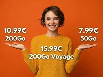 Une femme présente trois forfaits mobiles : 7,99€ pour 50Go, 10,99€ pour 200Go et 15,99€ pour 200Go avec voyage.
