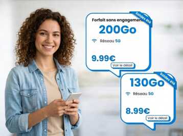 Homme tenant un smartphone avec offres mobile 5G : 200Go à 9.99€ et 130Go à 8.99€, soldes d'été.