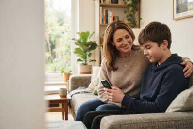Un parent et un adolescent utilisant un téléphone mobile basique sans applications dans un intérieur domestique.