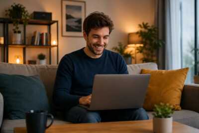 Une personne consulte son pc illustration d'une box RED Fibre à 22.99€