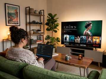 Une personne travaille sur un ordinateur portable devant une télévision affichant l'interface de Netflix.