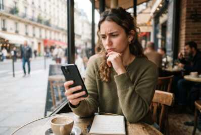 Une personne regarde son téléphone mobile devant une façade en hésitant à changer de forfait.