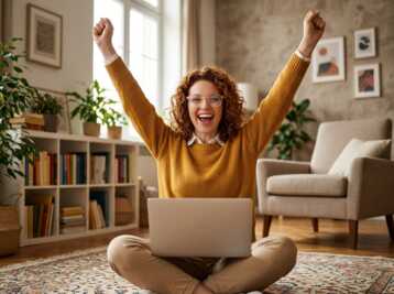 Une personne assise en tailleur sur un tapis avec un ordinateur portable, les bras levés en signe de victoire.