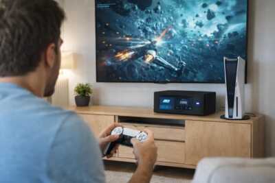 personne qui joue avec sa ps5 dans son salon connecte a sa bbox