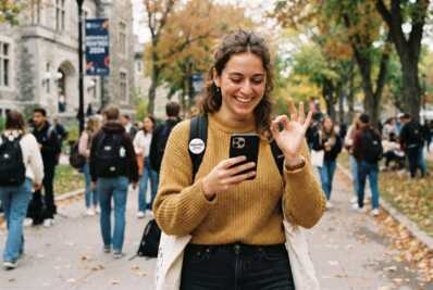 Personne souriante tenant un smartphone noir à la main.