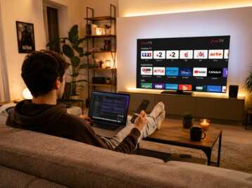Personne tenant une télécommande Free devant un écran affichant l'interface FreeTV avec des icônes d'applications.