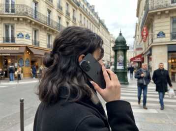Une personne téléphone avec un smartphone noir de 6,1 pouces dans une rue parisienne.