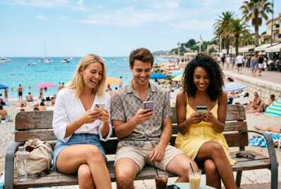 Trois personnes en tenue d'été utilisant leur smartphone avec les réseaux Orange, SFR et Bouygues Telecom.