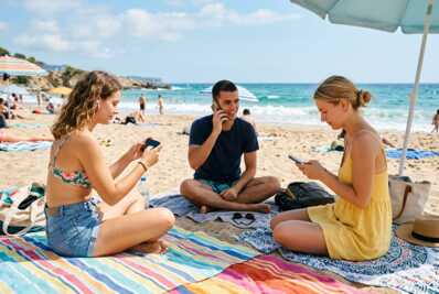 Trois personnes utilisant leur smartphone : une en streaming, une en appel et une partageant sa connexion.