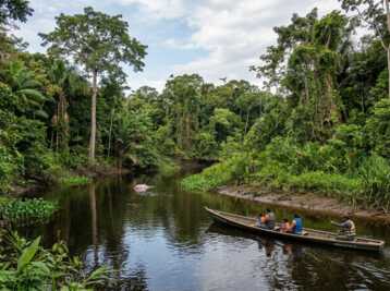 Personnes en pirogue sur une rivière en forêt tropicale avec un dauphin rose et des oiseaux en vol.