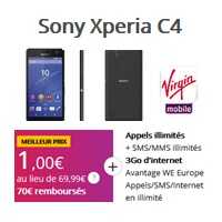Virgin Mobile : Le Sony Xperia C4 à 1€ avec le forfait illimité 3Go en 4G en promo à 26.99€ !