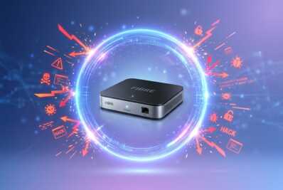 Box internet fibre au centre protégée par un halo numérique bloquant des icônes de cyberattaques.