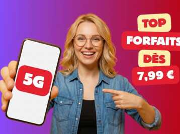 Femme blonde présentant un smartphone avec logo 5G, texte Top Forfaits dès 7,99€ sur fond dégradé violet et rouge.