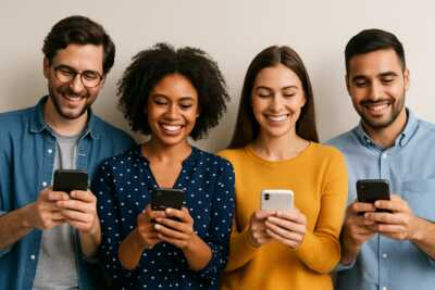 quatre personnes contentes avec leur smartphone a la main