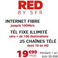 RED BY SFR : Internet Fibre +Téléphonie illimitée + TV  à 19.99€ pendant 1 an jusqu’au  17 Août !