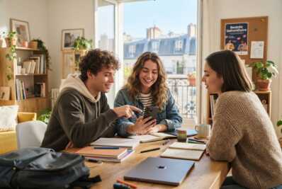 Jeunes adultes utilisant un smartphone 5G dans un environnement lumineux pour la rentrée scolaire.