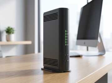 Routeur internet noir posé sur un bureau en bois avec un ordinateur en arrière-plan.