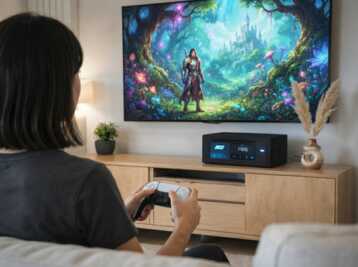 Salon avec un meuble en bois, une télévision affichant un paysage urbain et une box internet.
